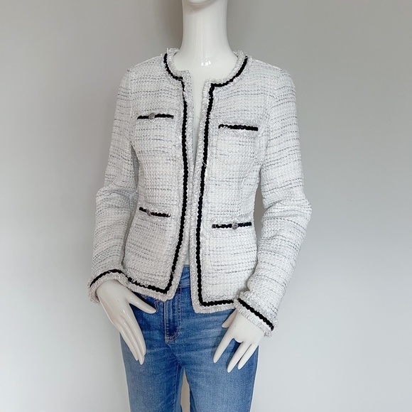 WHBM White Grey Tweed Metallic Dressy Blazer Jacket Black Piping XS - Picture 3 of 16
